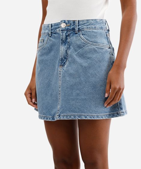 saia curta feminina jeans evasê azul