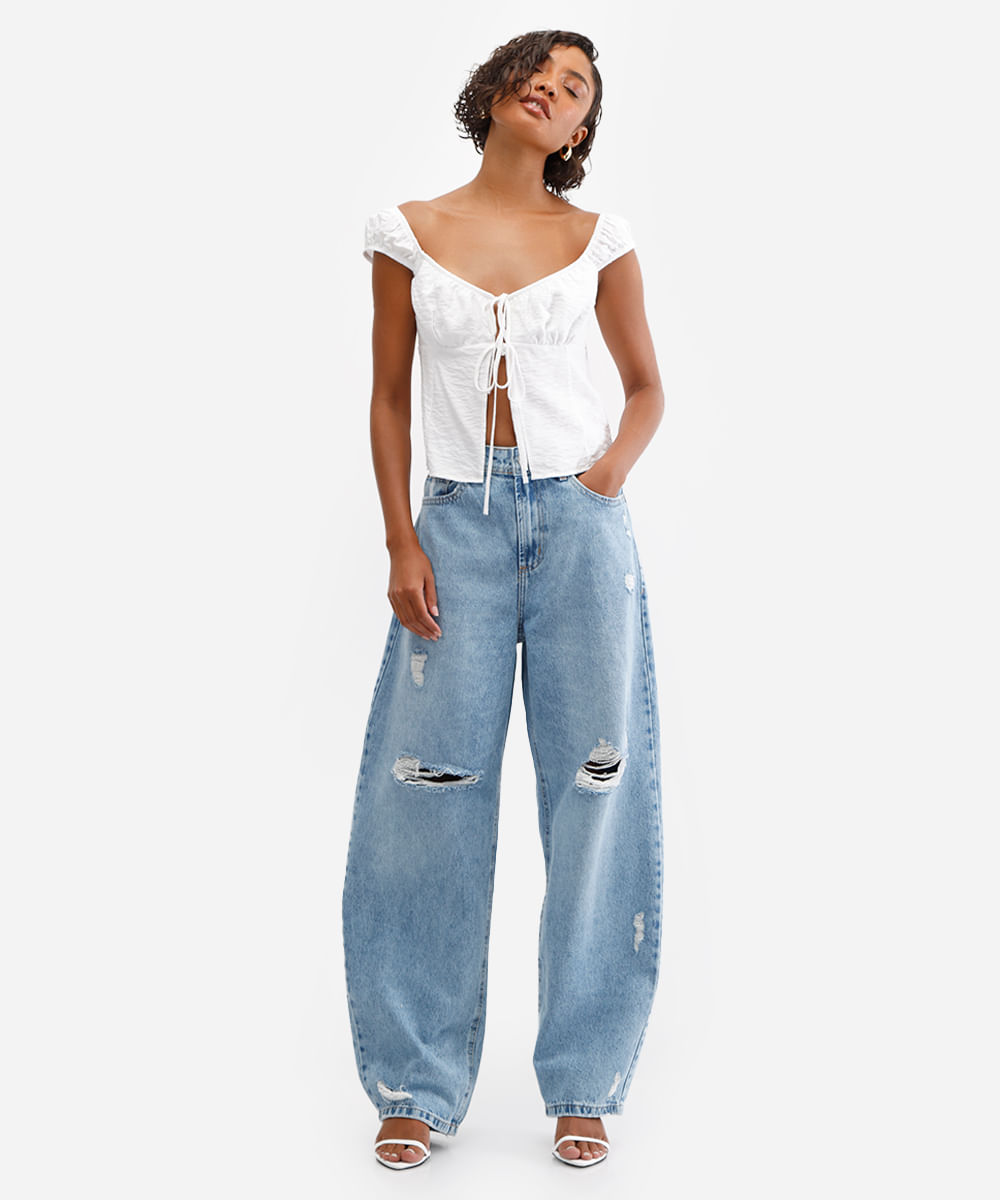 calça balloon feminina jeans destroyed azul