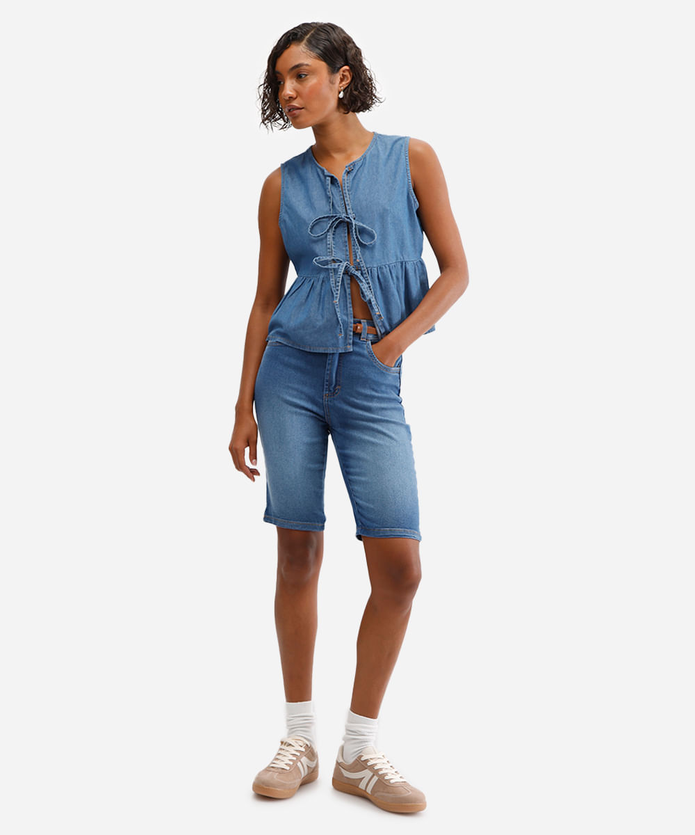 bermuda ciclista feminina jeans com cinto azul