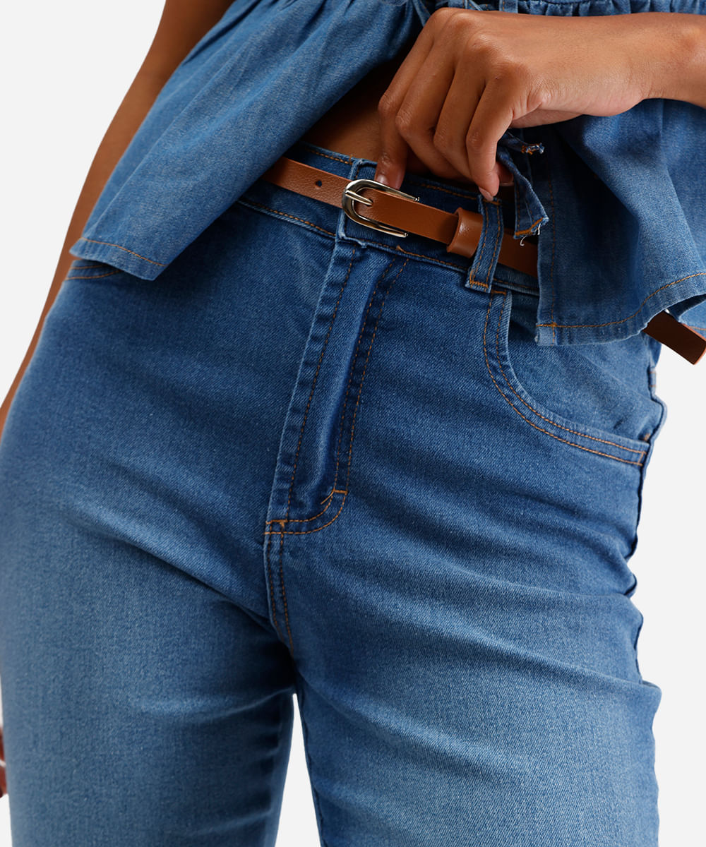 bermuda ciclista feminina jeans com cinto azul
