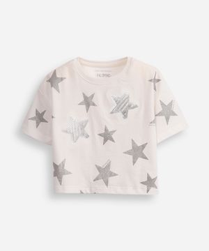 camiseta de algodão infantil estrelas com paête off white