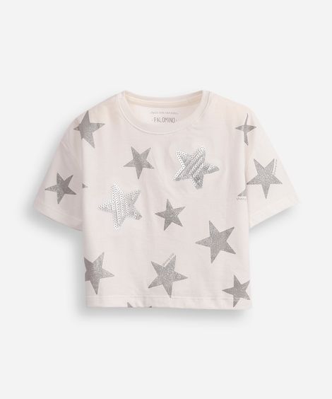 camiseta de algodão infantil estrelas com paête off white