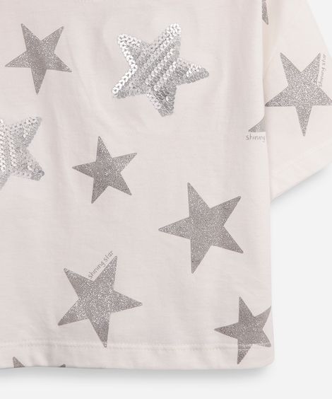 camiseta de algodão infantil estrelas com paête off white