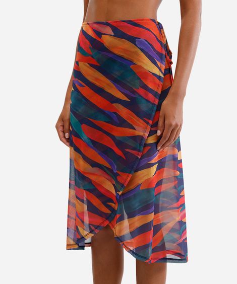 saia saída de praia feminina de tule estampada azul