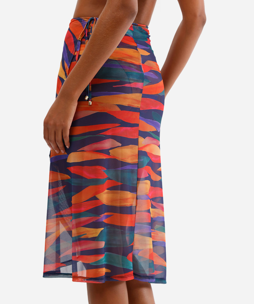 saia saída de praia feminina de tule estampada azul