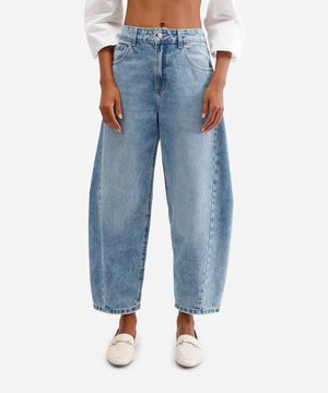 calça barrel feminina jeans com recorte azul