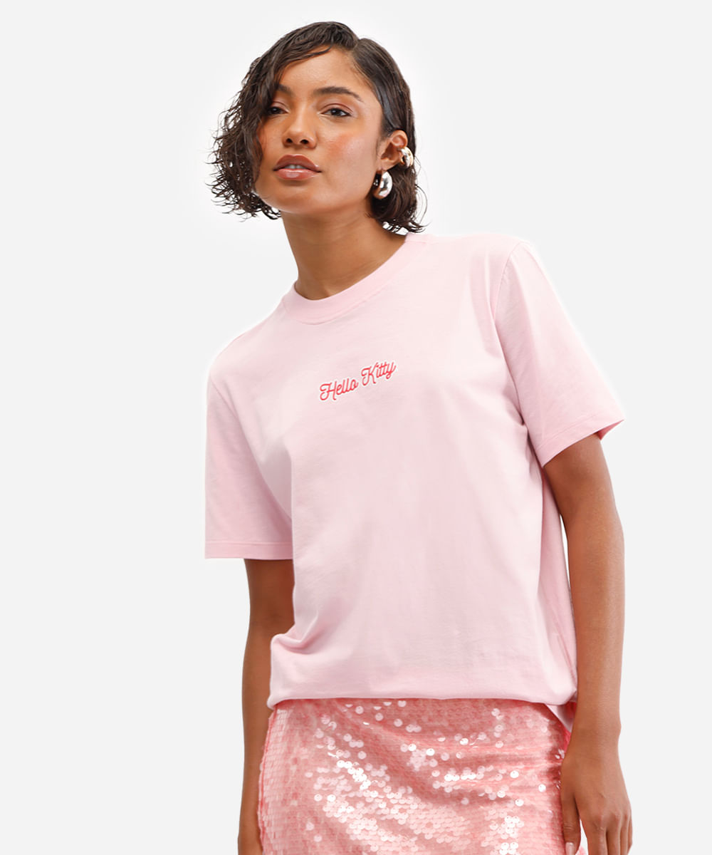 camiseta feminina hello kitty com brinde rosa