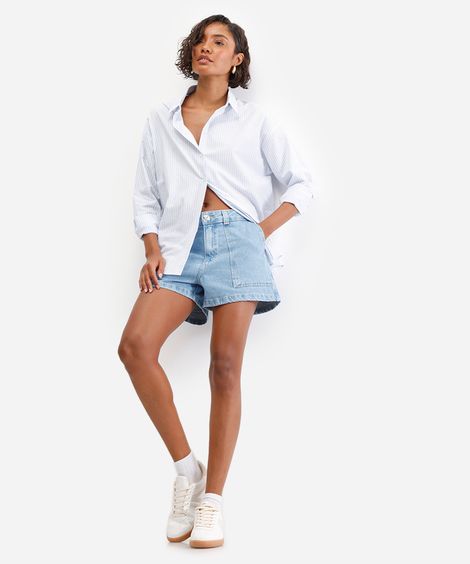 short feminino jeans cintura alta azul