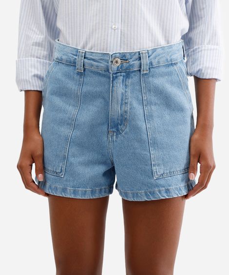 short feminino jeans cintura alta azul