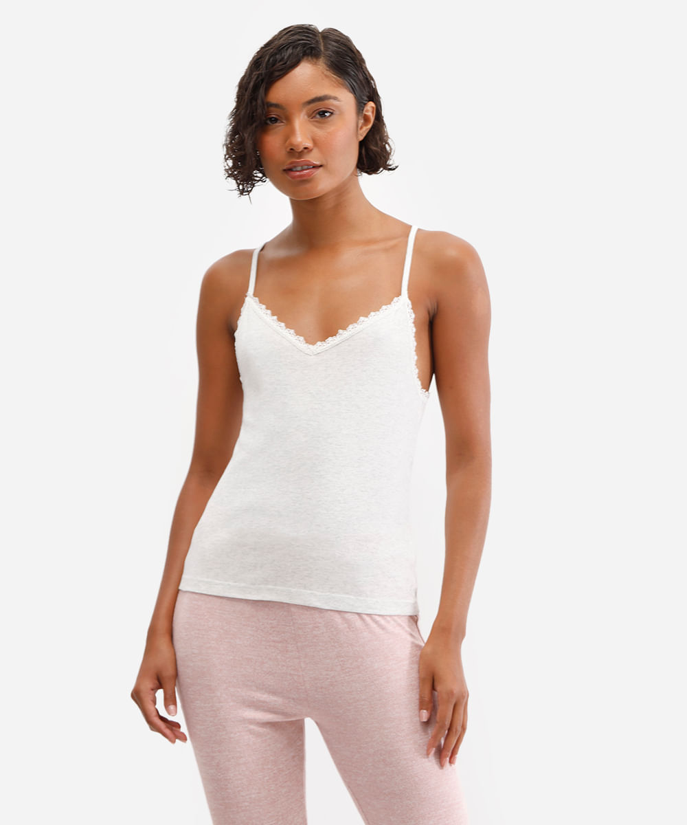 regata de pijama canelada com renda cinza