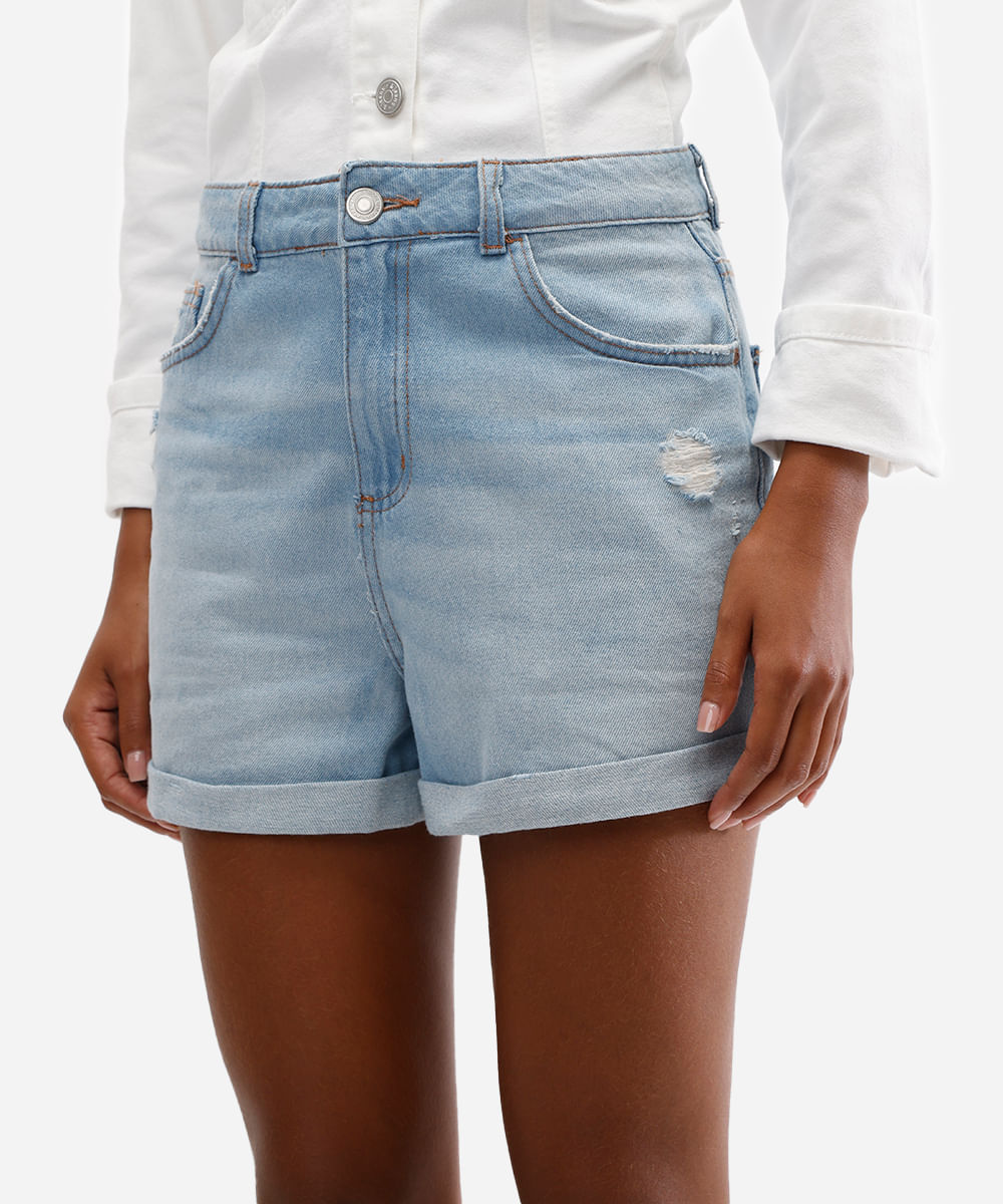 short mom feminino jeans destroyed azul
