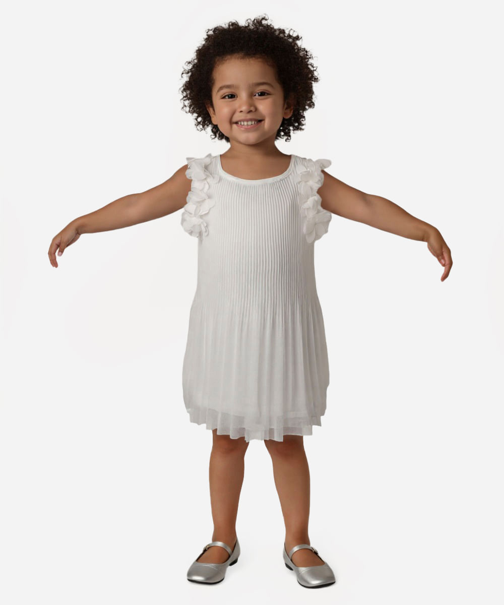 vestido infantil plissado com flores off white