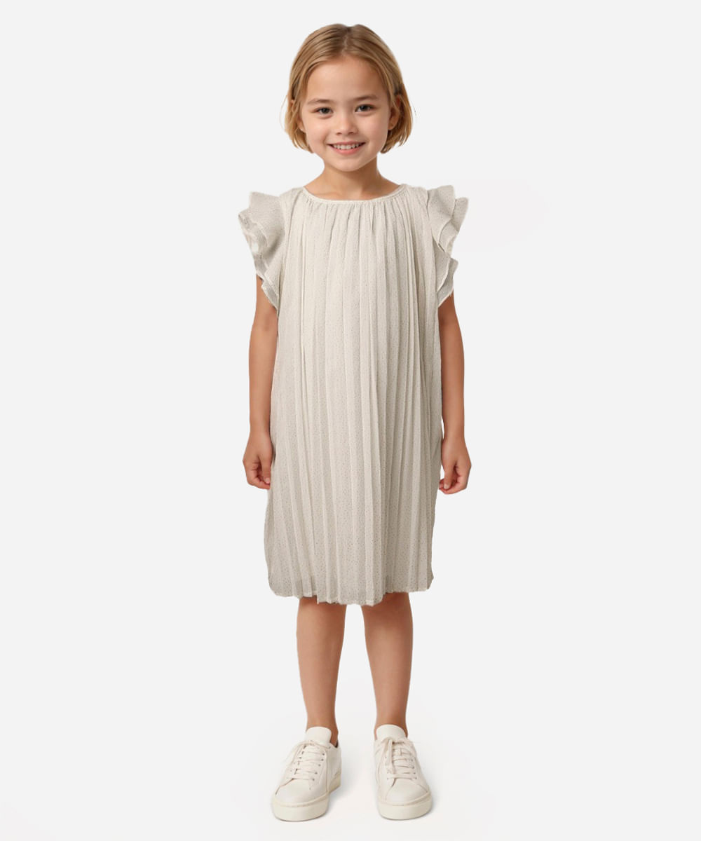 vestido infantil plissado poá com glitter off white