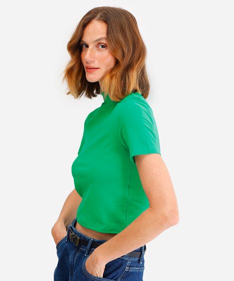 cropped de algodão gola rolê manga curta verde