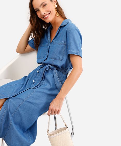 vestido chemise feminino jeans com faixa azul