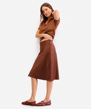 saia midi feminina acetinada marrom