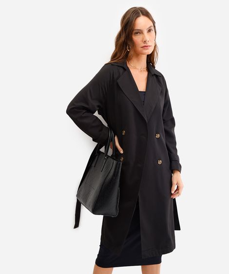 casaco trench coat feminino com amarração preto