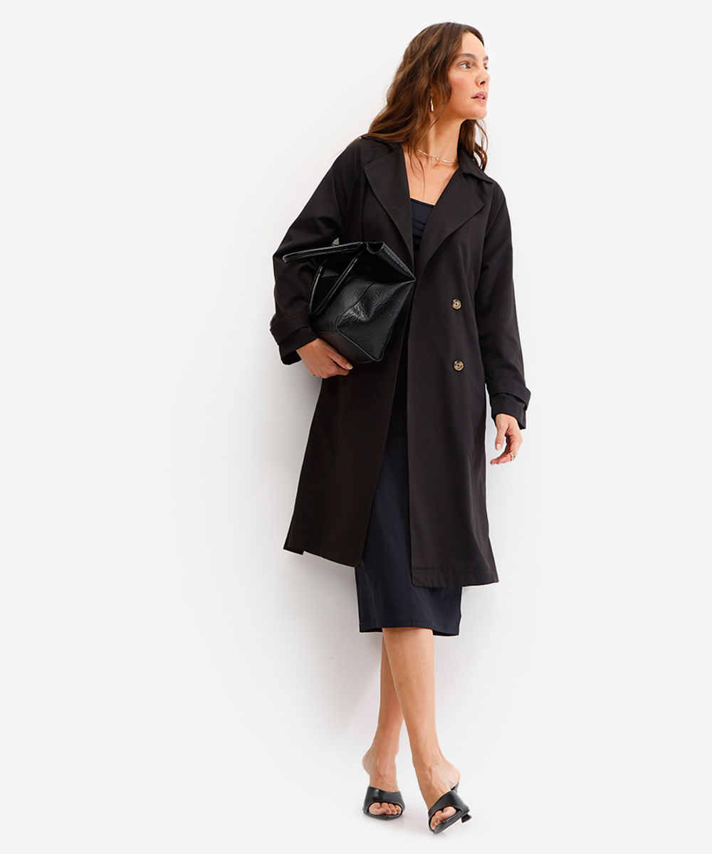 casaco trench coat feminino com amarração preto