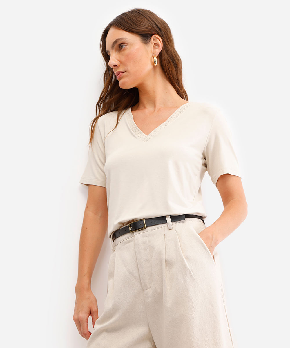 blusa feminina de viscose com renda bege