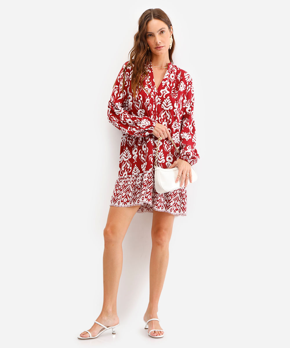 vestido curto feminino chemise estampado vinho