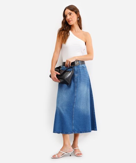 saia midi feminina evasê jeans azul