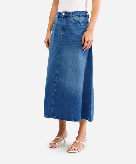 saia midi feminina evasê jeans azul