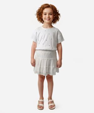 blusa de algodão infantil estrelas e elástico manga curta off white