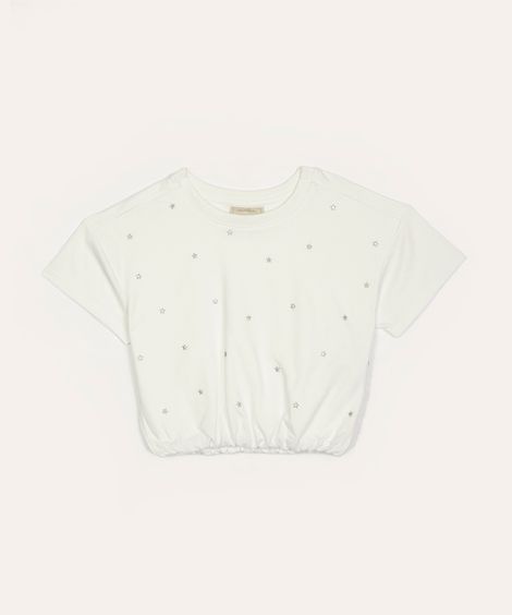 blusa de algodão infantil estrelas e elástico manga curta off white