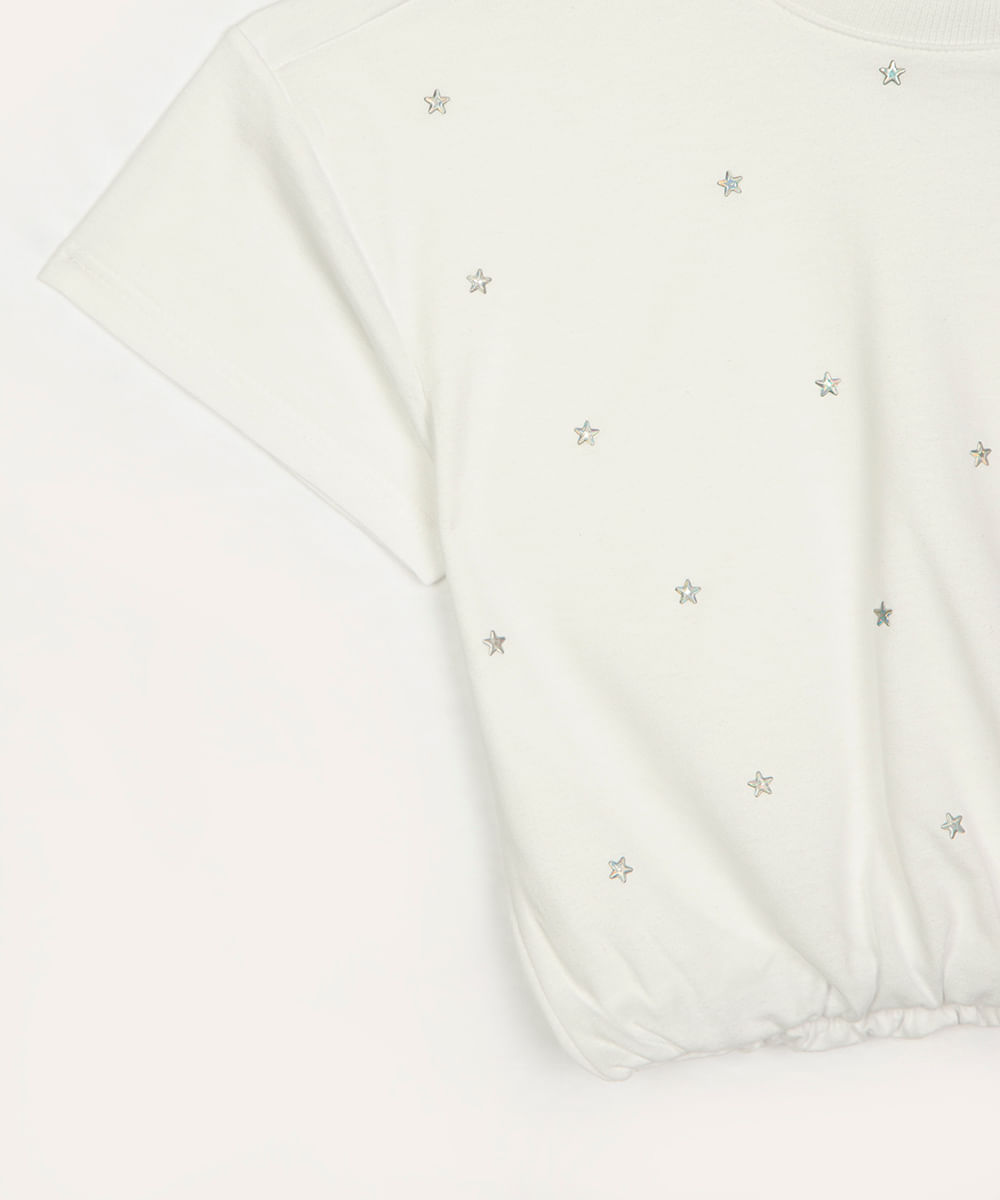 blusa de algodão infantil estrelas e elástico manga curta off white