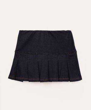 saia curta plissada de malha jeans azul
