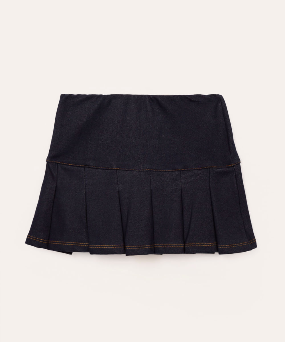 saia curta plissada de malha jeans azul