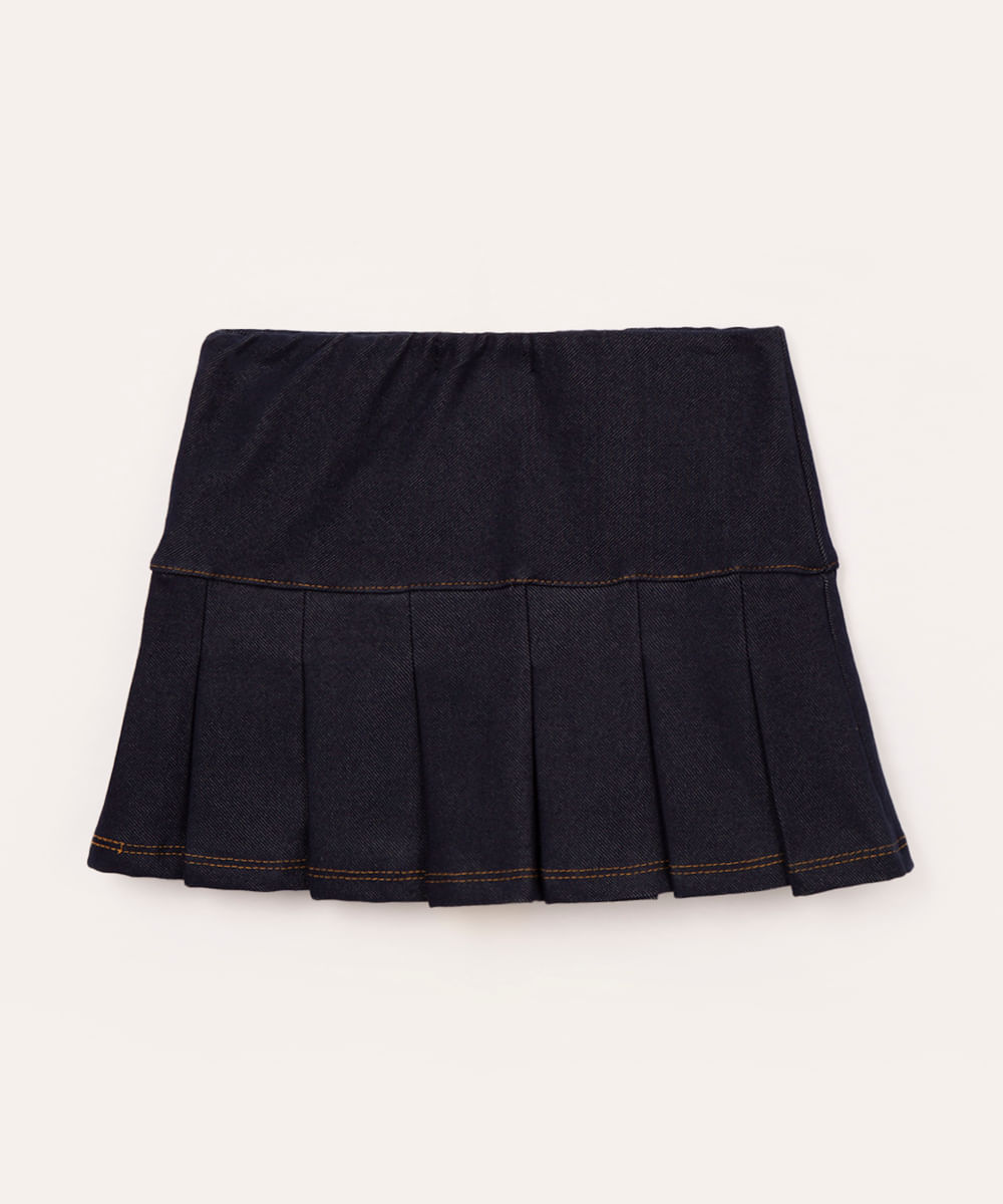 saia curta plissada de malha jeans azul