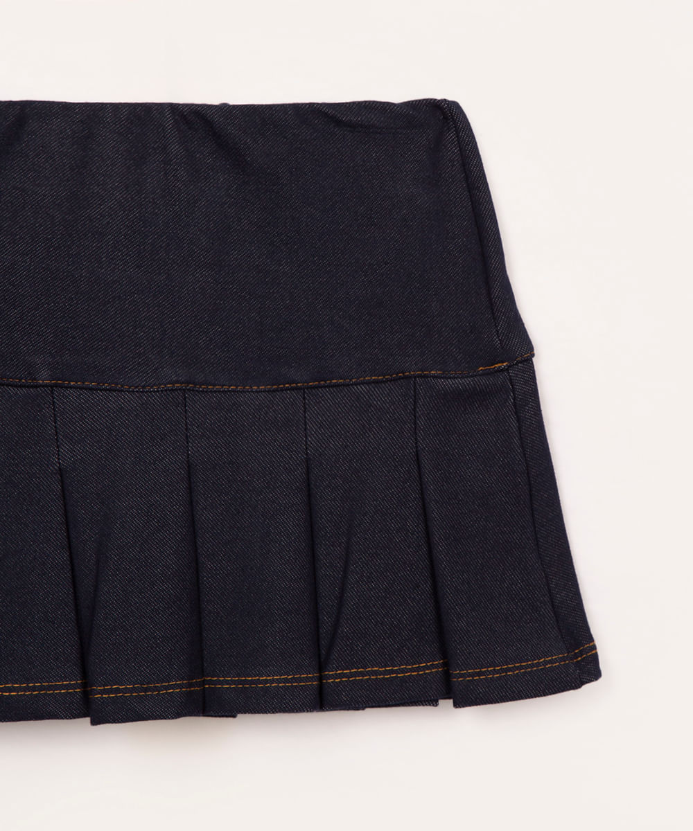 saia curta plissada de malha jeans azul