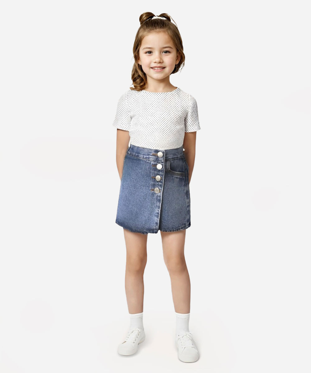 short saia infantil jeans transpassado azul