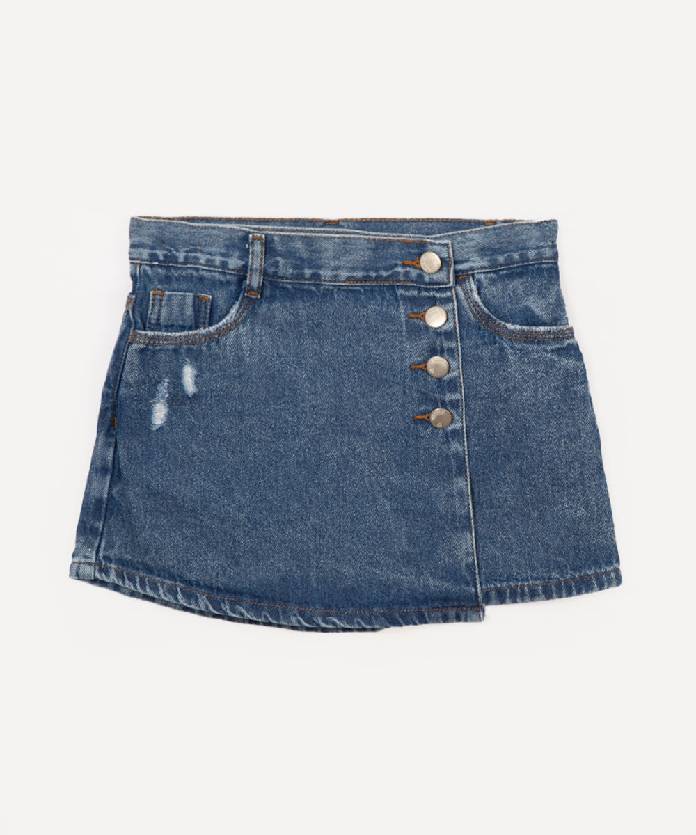 short saia infantil jeans transpassado azul