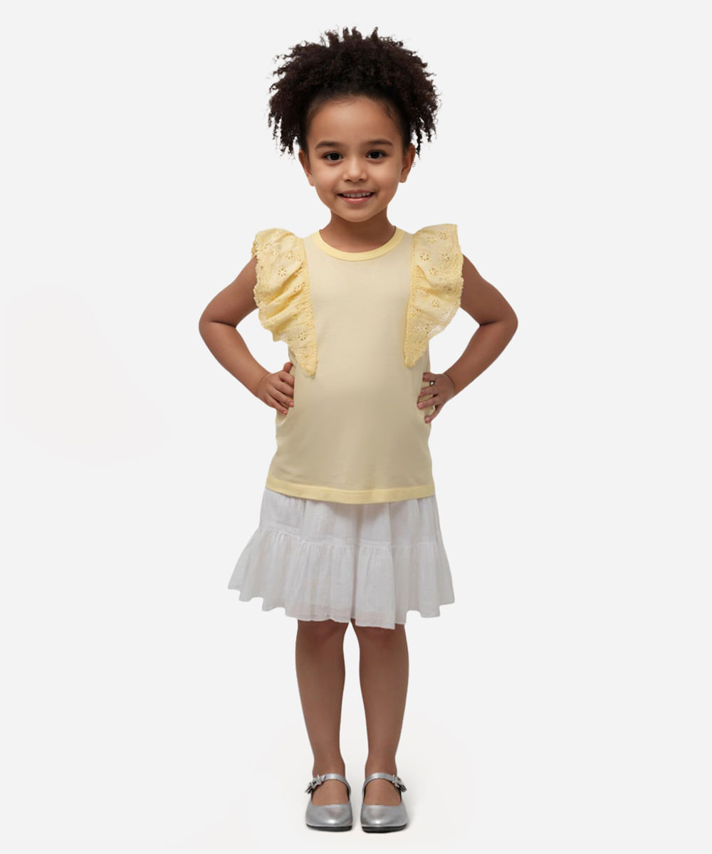 blusa de algodão infantil com babado de laise amarela
