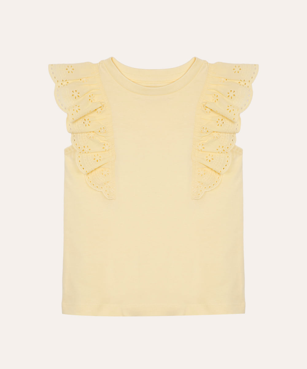 blusa de algodão infantil com babado de laise amarela