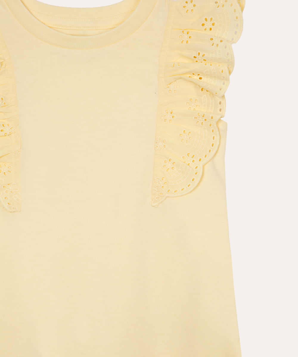 blusa de algodão infantil com babado de laise amarela