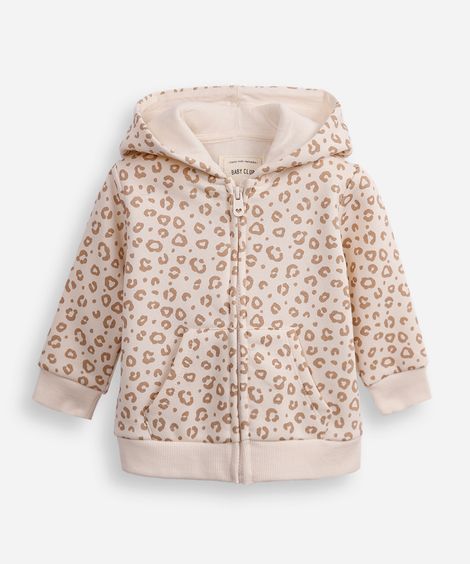 jaqueta de moletom infantil com capuz animal print bege