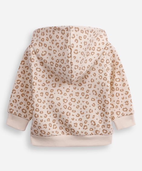 jaqueta de moletom infantil com capuz animal print bege