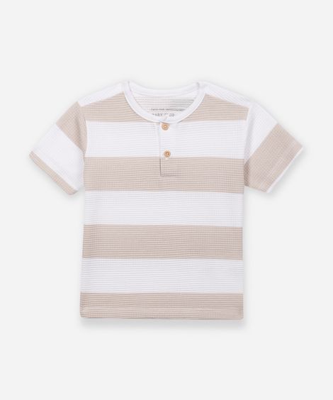 camiseta de algodão infantil texturizada e listrada bege