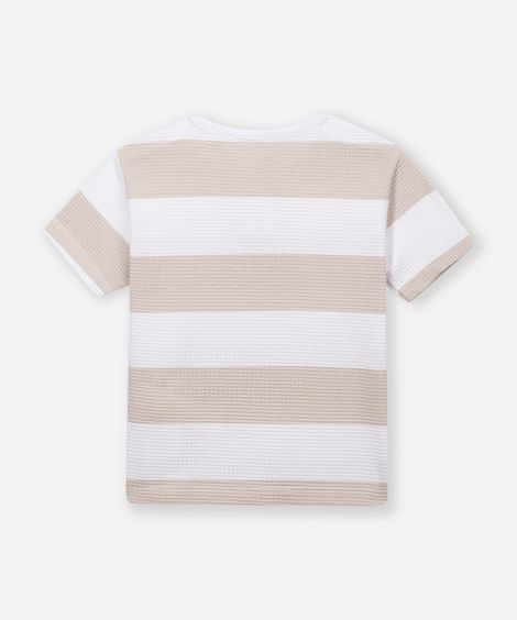 camiseta de algodão infantil texturizada e listrada bege