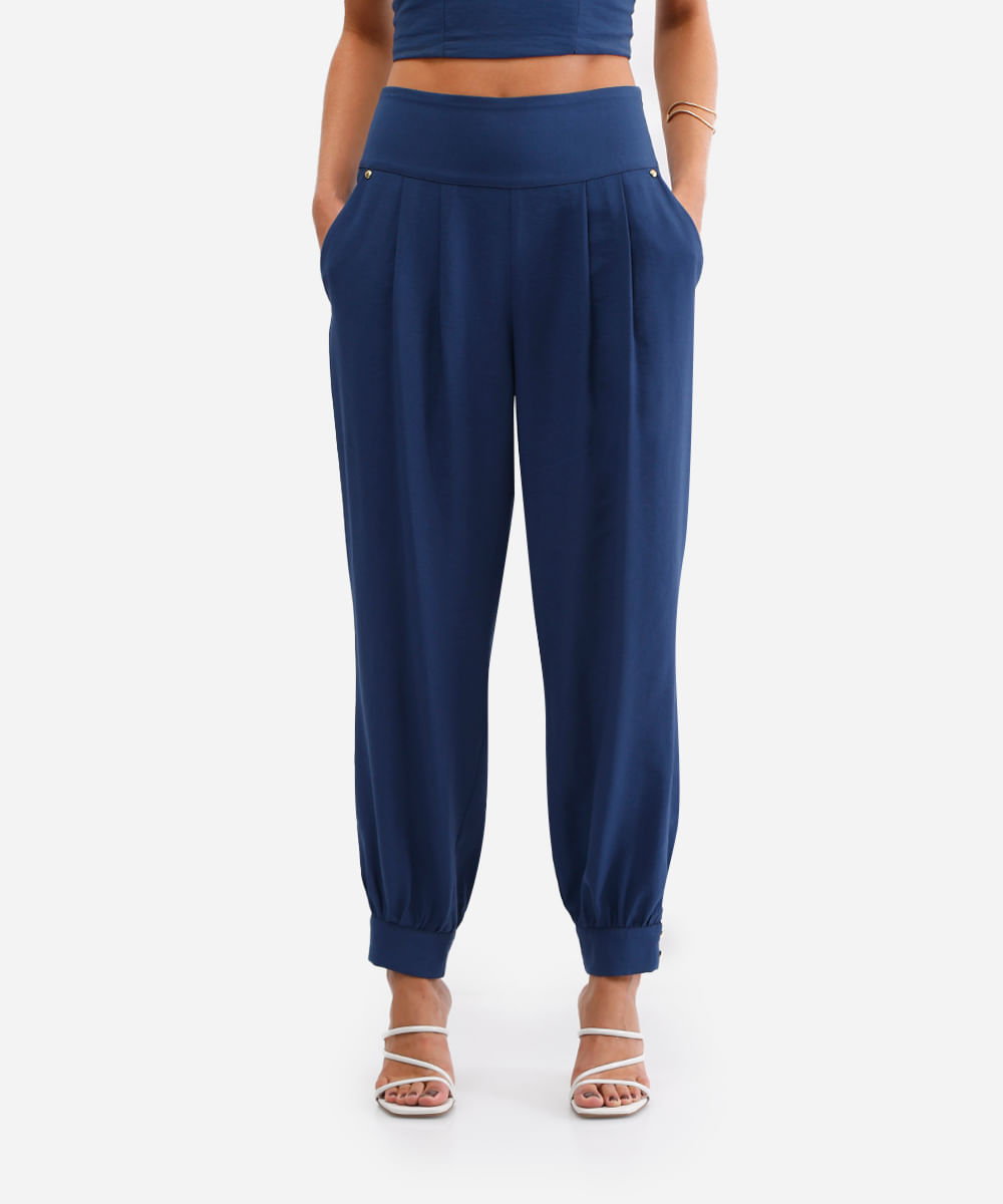 calça feminina afunilada de viscose azul