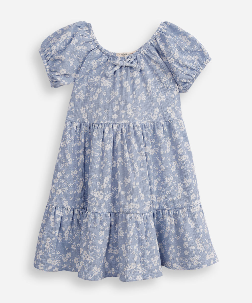 vestido infantil texturizado floral azul