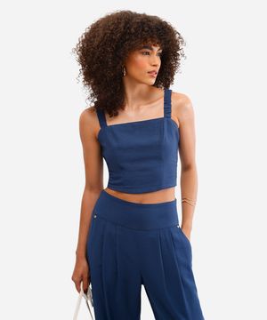 cropped feminino decote quadrado texturizado azul