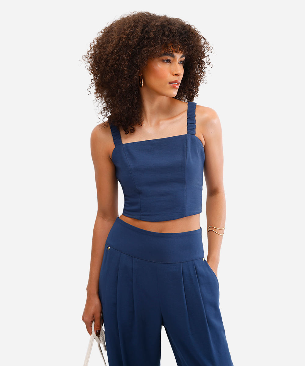 cropped feminino decote quadrado texturizado azul