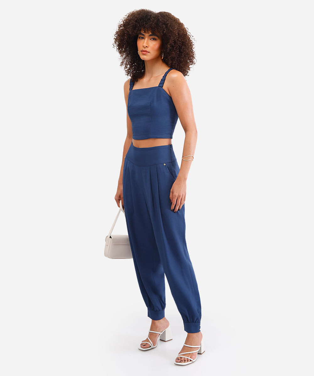 cropped feminino decote quadrado texturizado azul