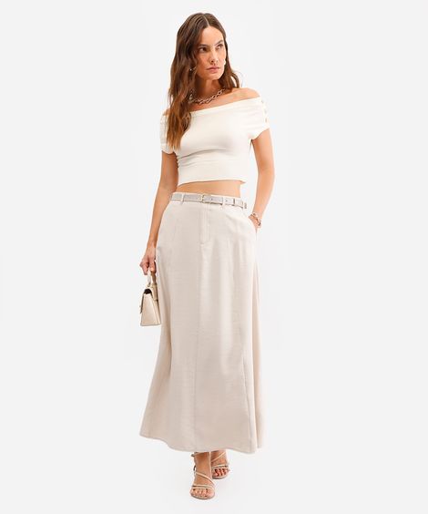 saia midi feminina com cinto bege