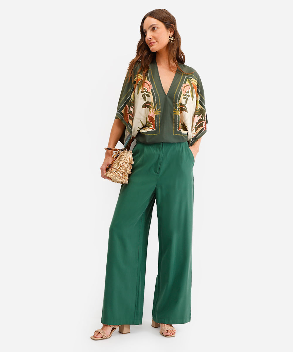 bata feminina manga curta folhagens verde