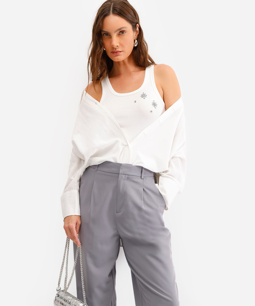 regata de algodão canelada com brilhos off white